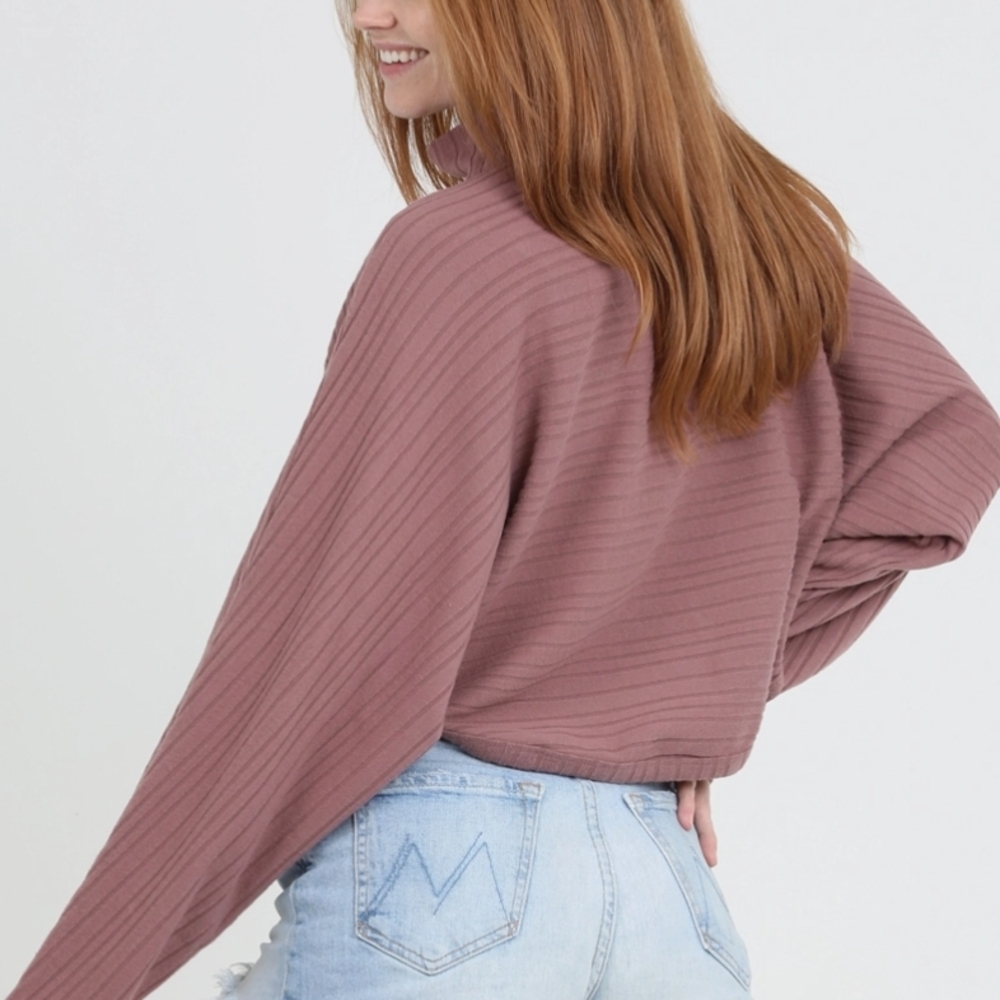 Angie Mauve Batwing Ribbed Mock Neck Long Sleeve Top - Picture 5 of 12